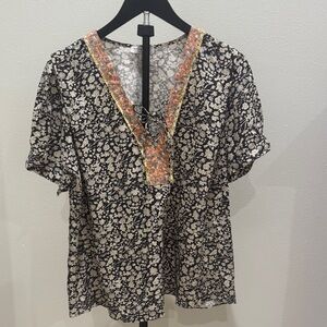 Current Air Black and Cream Floral V-Neck Blouse with Orange Trim